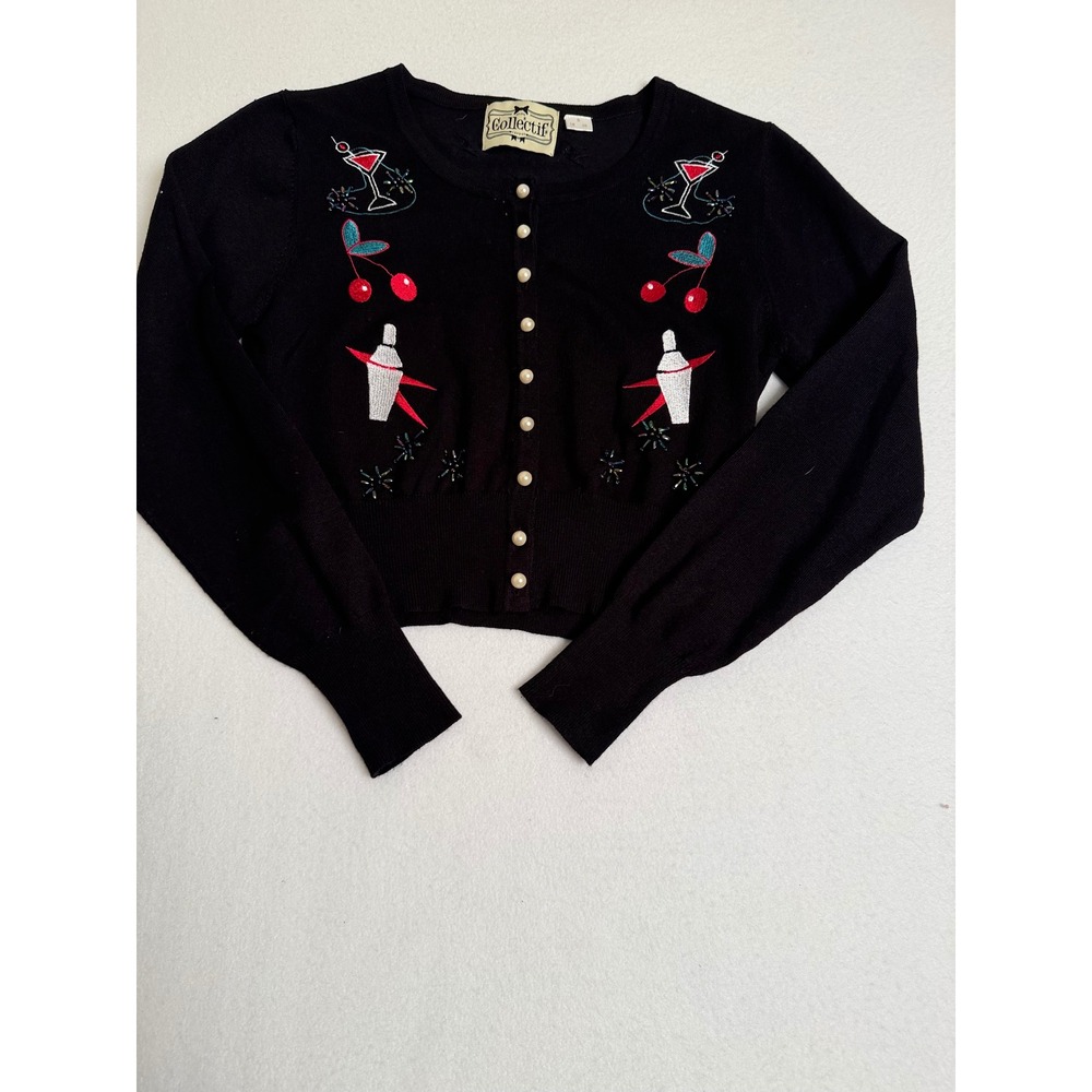 Collectif London Black Cocktail Embroidered Pearl Button Cropped Cardigan Small